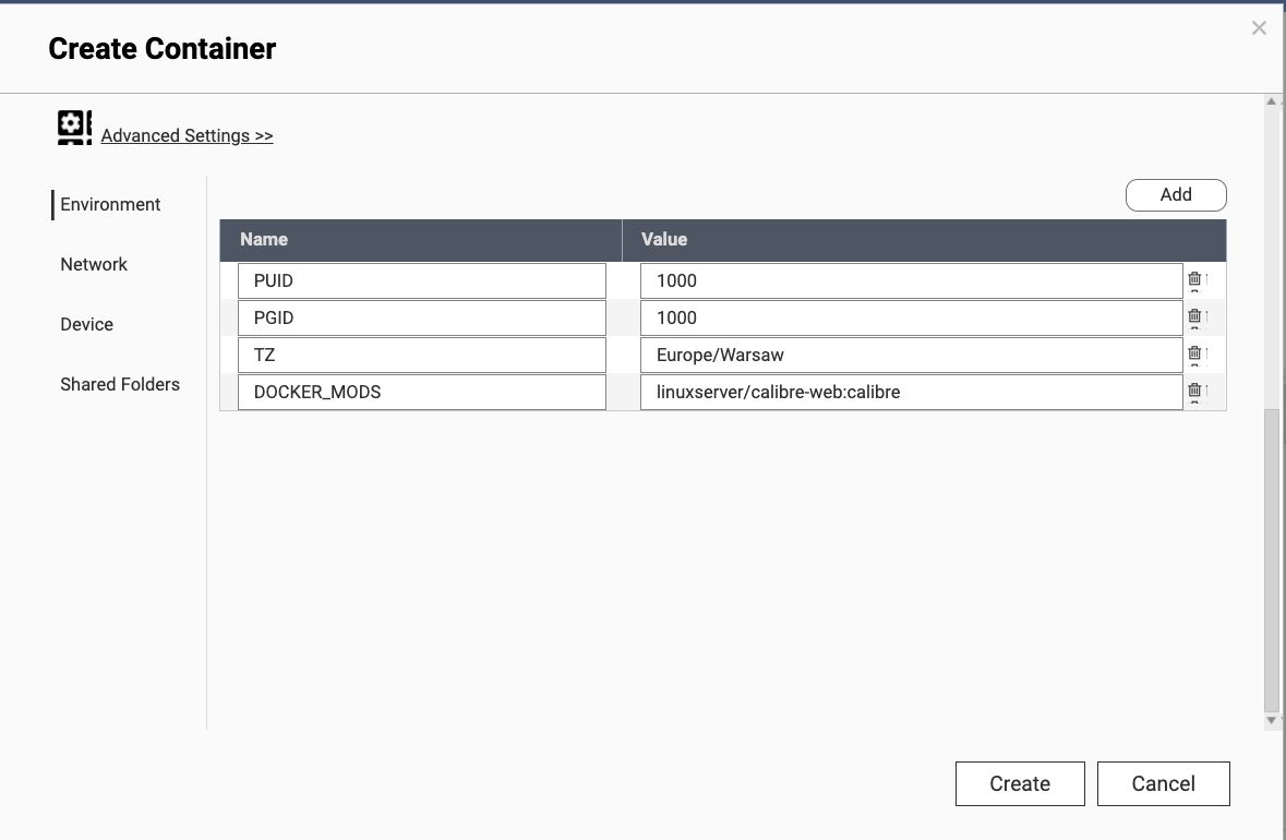 environment section of calibre-web container configuration